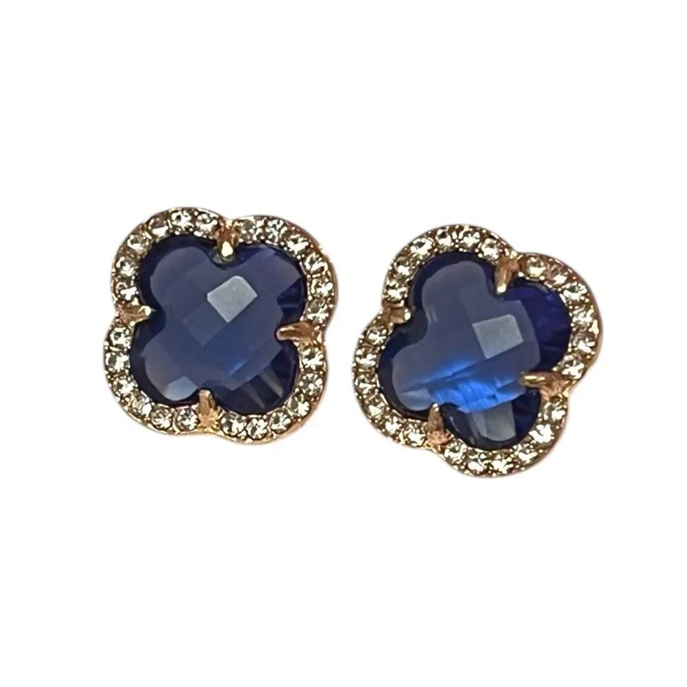 Elegant Blue And White Crystal Clover Gold Tone Stud Earrings